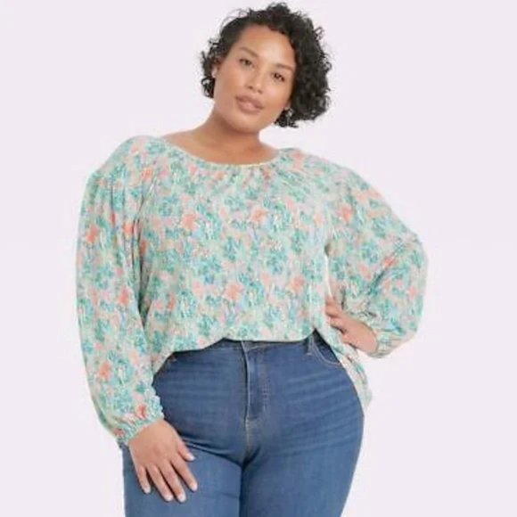 NWOT Ava & Viv Women’s Multi Color Floral Long Sleeve Knit Blouse 3X Blue Green - Picture 1 of 1